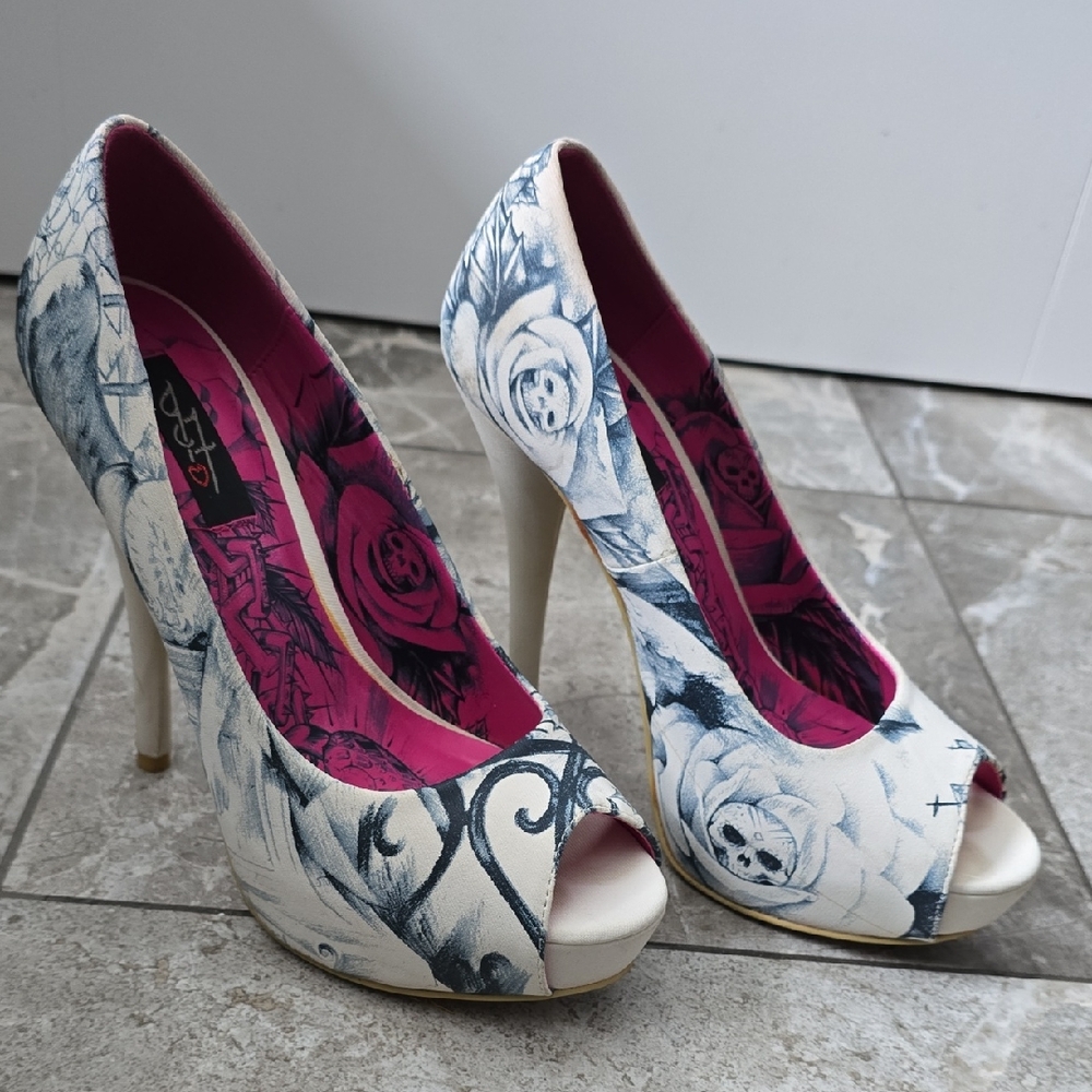 Iron Fist Black and White Floral Heels with Pink Accents